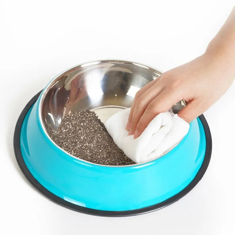 Stainless steel pet bowl with colourful melamine exterior and non-slip rubber base in multiple size options