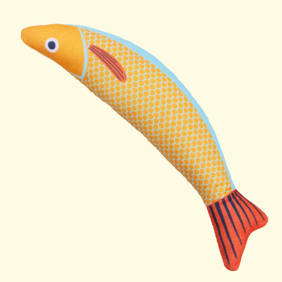 Soft green saury fish cat toy with organic catnip filler and crinkle sound