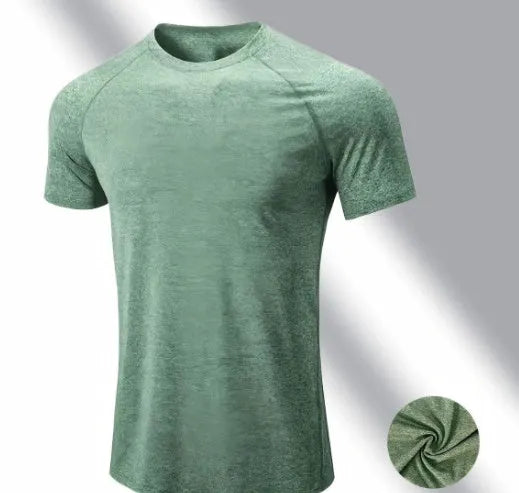 Men's grey quick-dry stretch casual short sleeve t-shirt on a hanger.