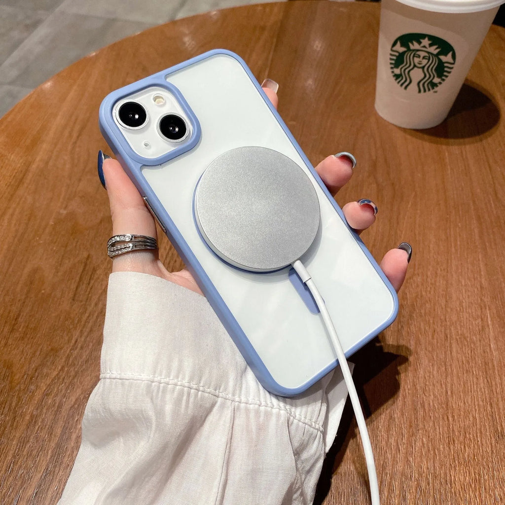 Transparent acrylic MagSafe phone case for iPhone showing magnetic ring and colour options