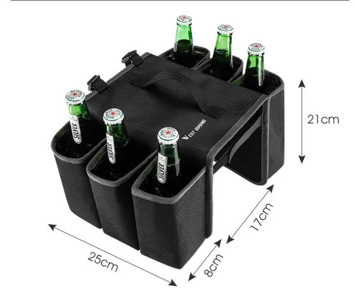 Black and orange bicycle drink bottle bag with two-sided storage compartments mounted on bike frame
