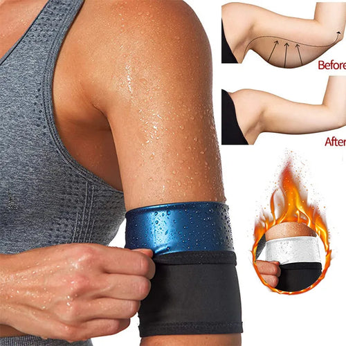Blue and silver sports arm bands with a binding band, shown in various sizes.