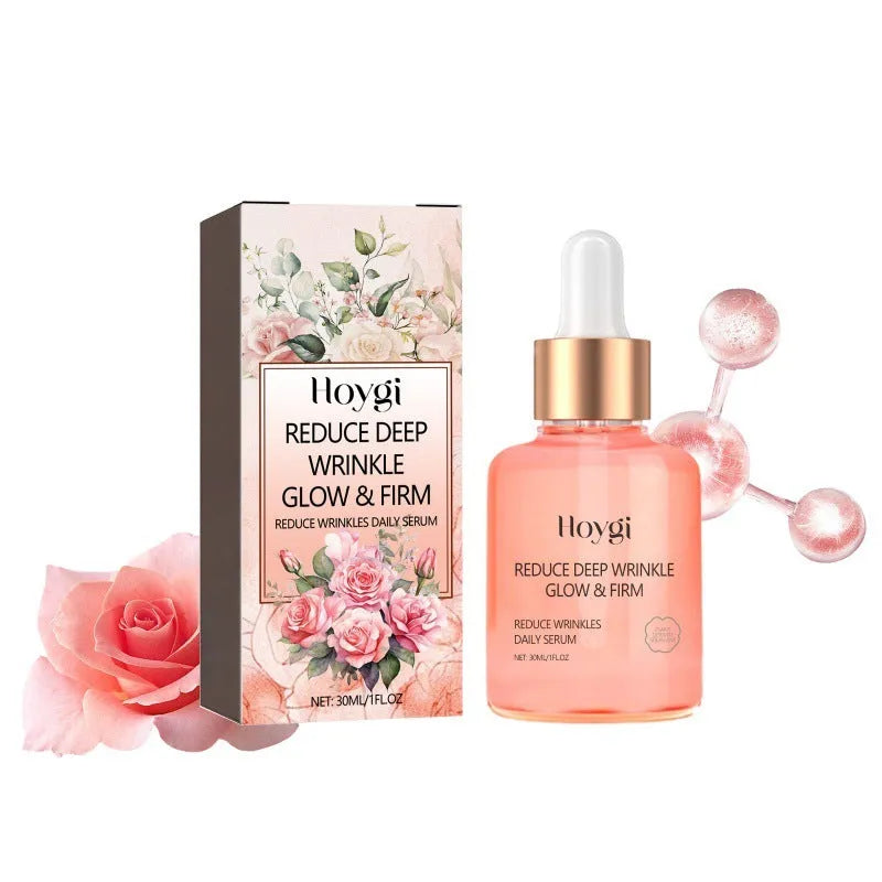 30ml glass bottle of rose essential oil serum with a dropper for facial skincare.