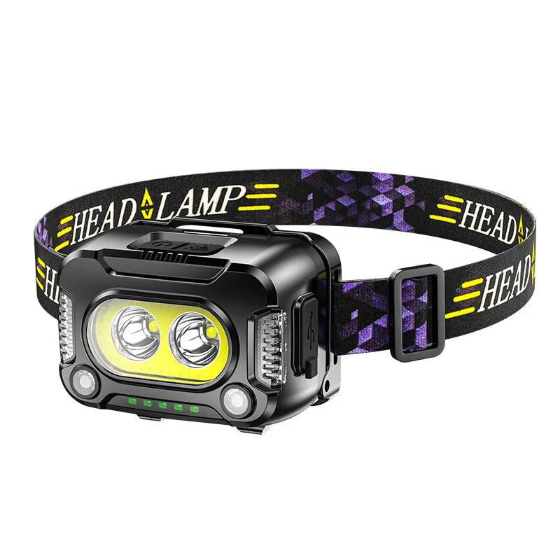 black COB rechargeable headlamp with light sensor for night running and fishing