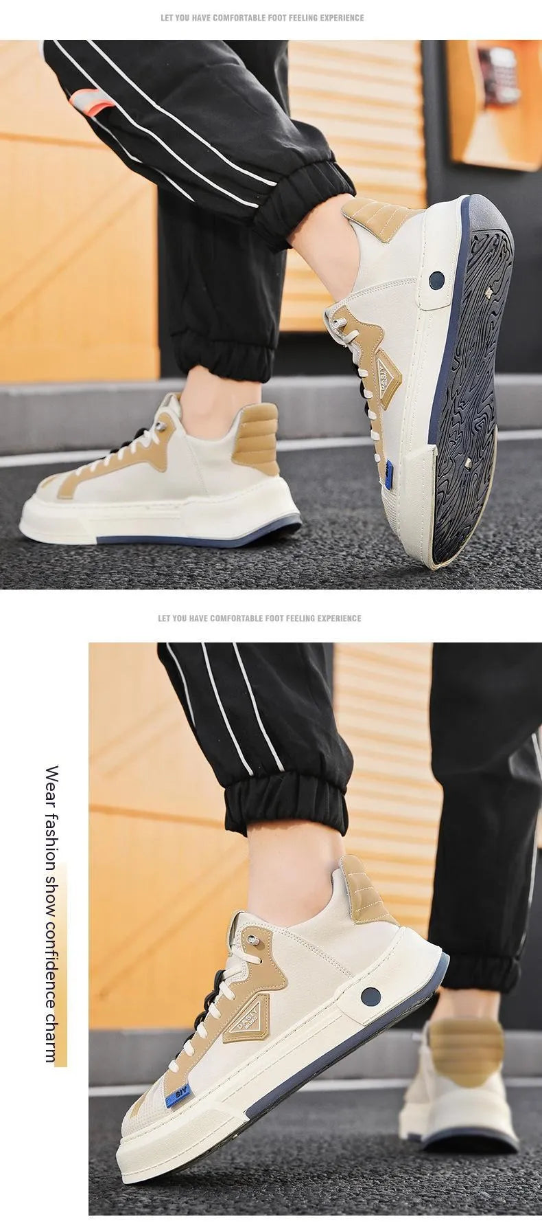 Men's beige low-top sneakers with elastic band and mesh lining for casual wear
