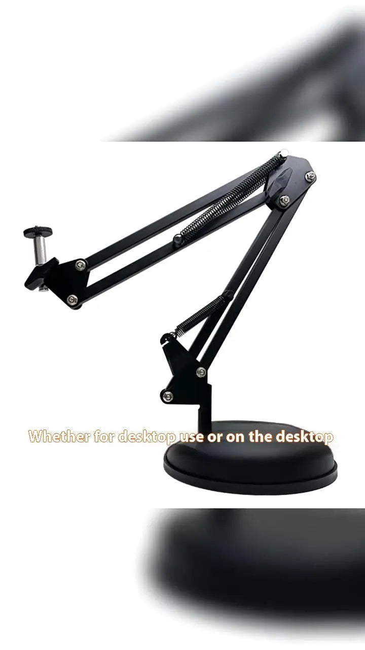Black foldable metal cantilever bracket holding a tablet, showing its adjustable arms and clip.