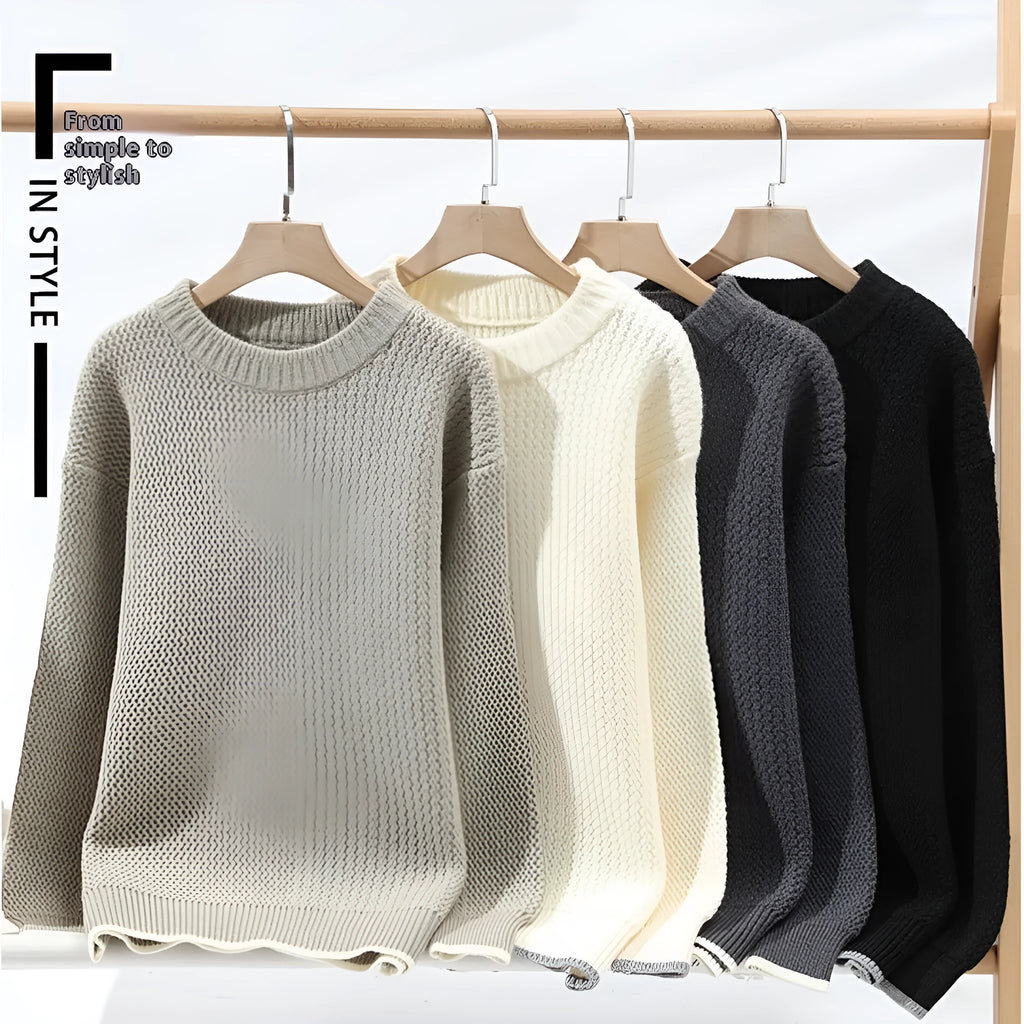 Men's loose fit pullover sweater in polyester blend available in four colours