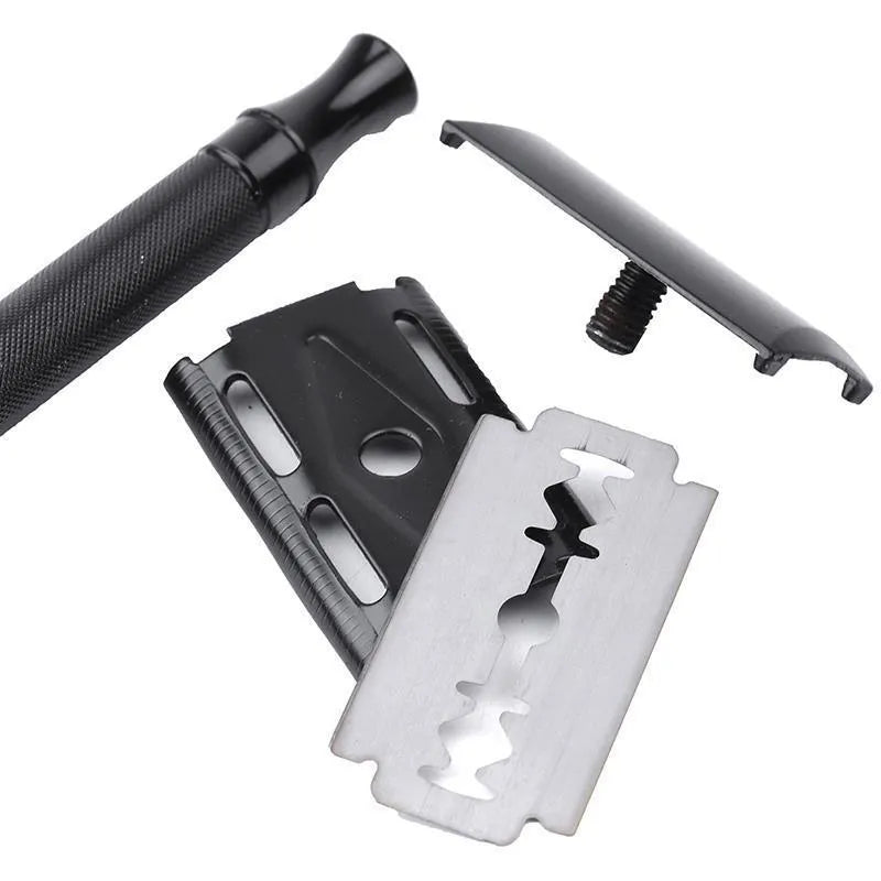 Traditional manual shaving razor and brush combination kit in black and silver metal finishes.