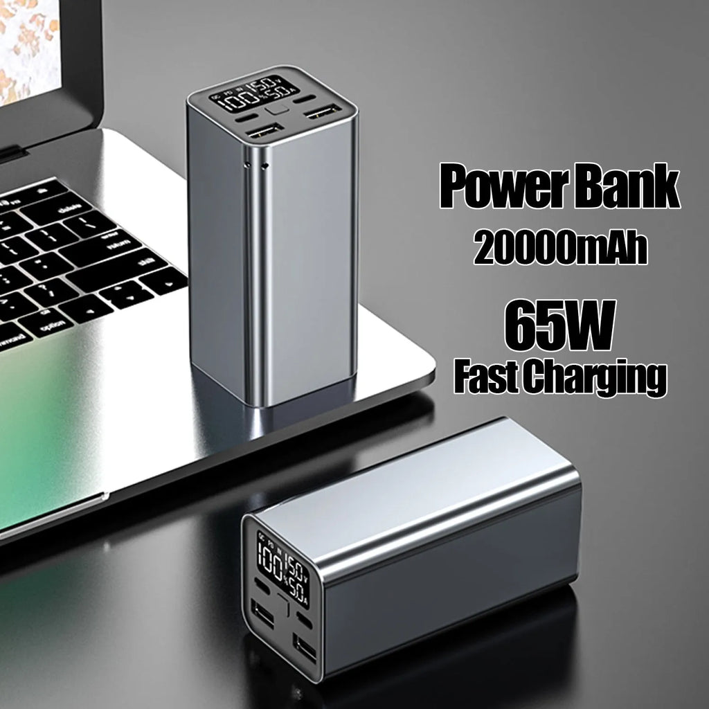 Metal laptop charging bank with 65W output and 20000mAh capacity in black, blue, or grey colours