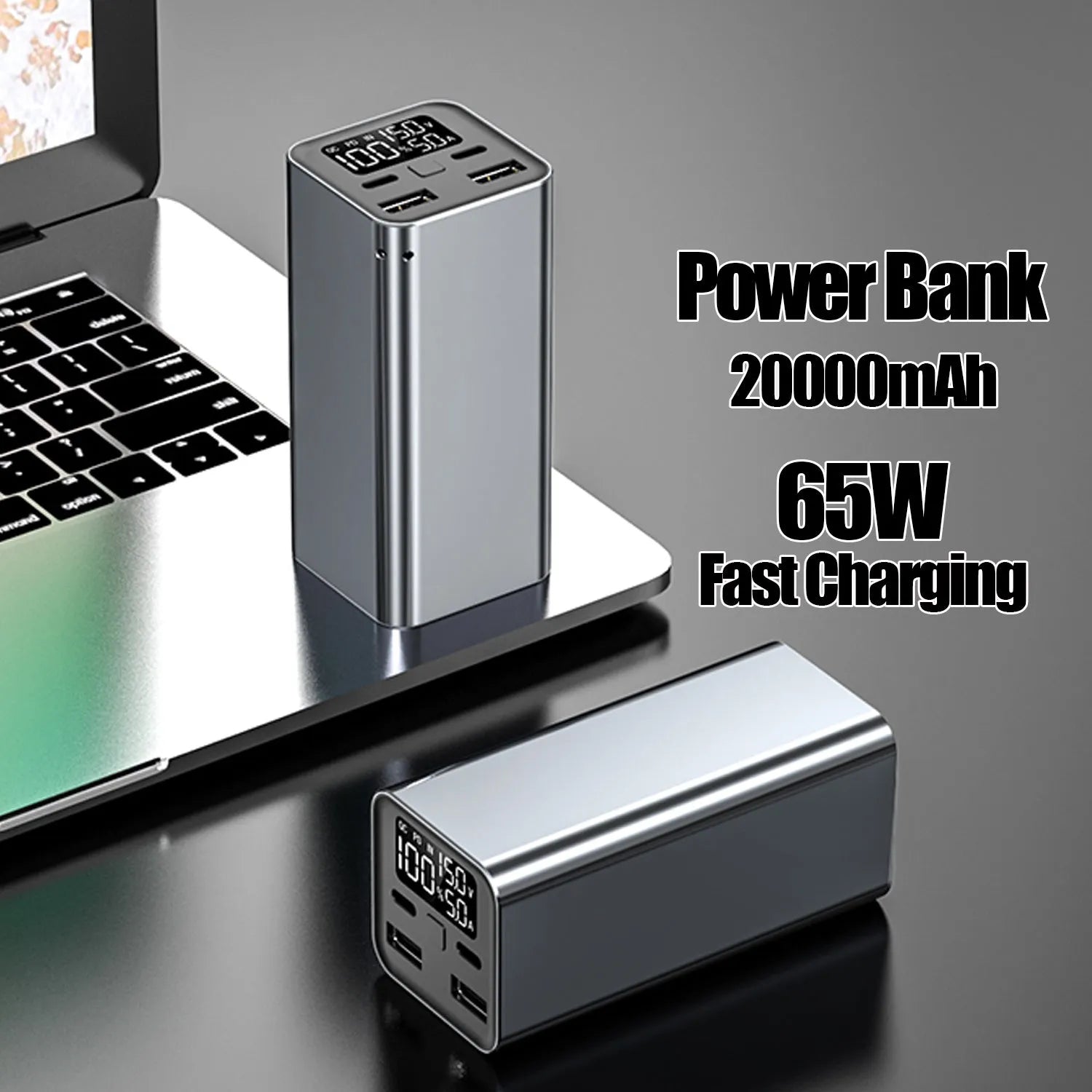 Metal laptop charging bank with 65W output and 20000mAh capacity in black, blue, or grey colours