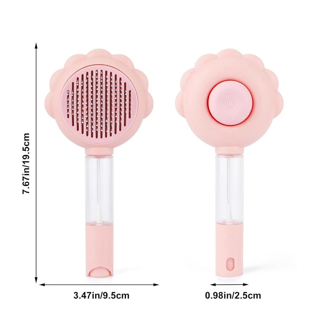 Grey spray cat grooming brush with self-cleaning button and stainless steel bristles on a white background