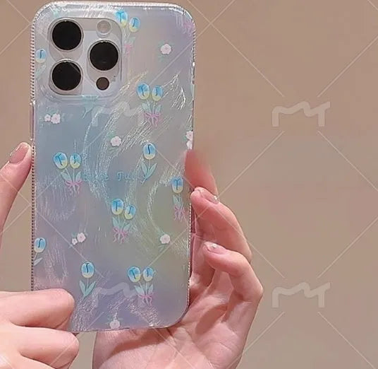 Ins laser gradient star full package hard acrylic phone case for iPhone 11 12 12 Pro with Blue Tulip Flowers design