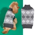 Grey and brown snowflake pattern acrylic dog sweater shown in sizes from XXS to XL.