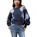 Sapphire blue women's pullover with floral jacquard pattern, loose streetwear fit