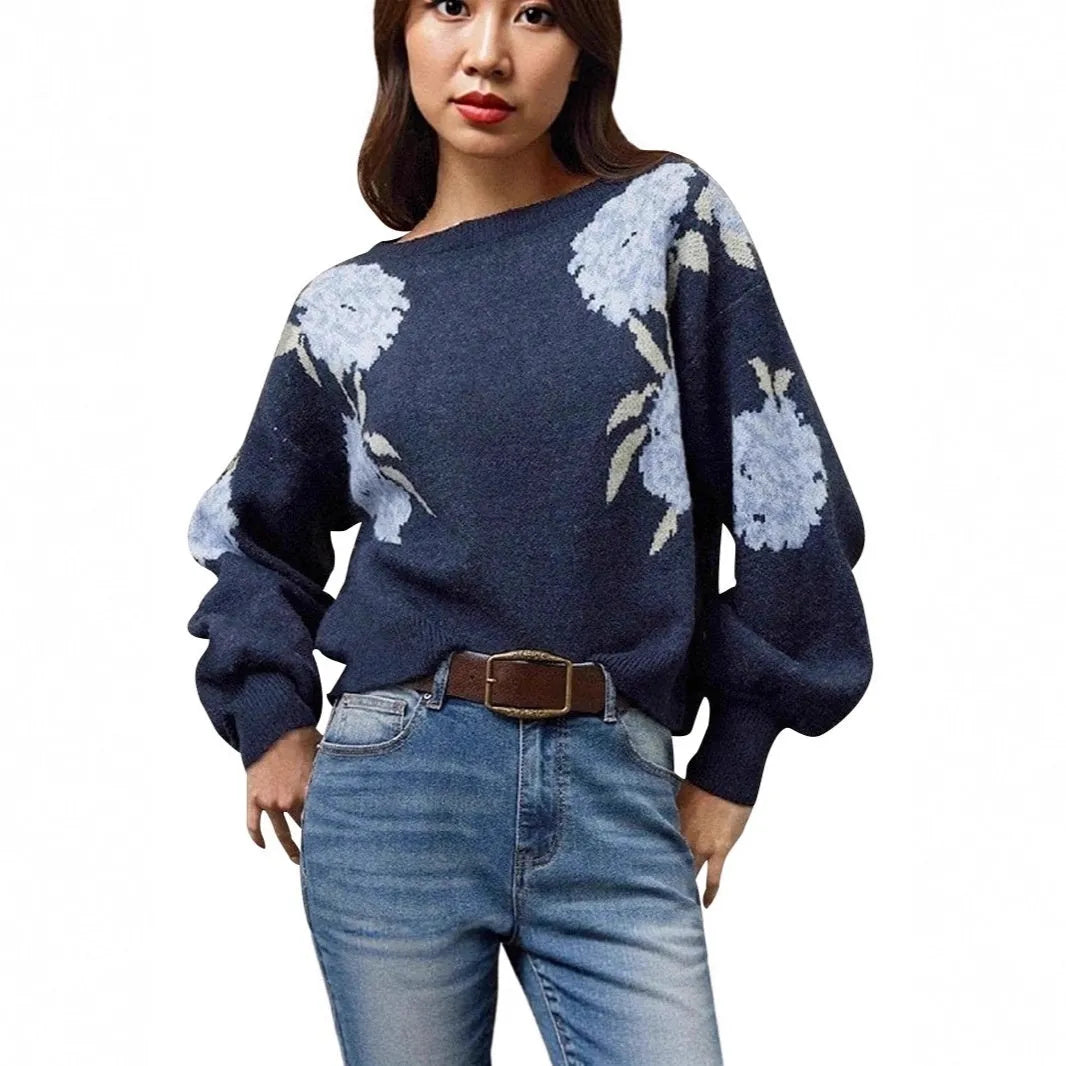 Sapphire blue women's pullover with floral jacquard pattern, loose streetwear fit