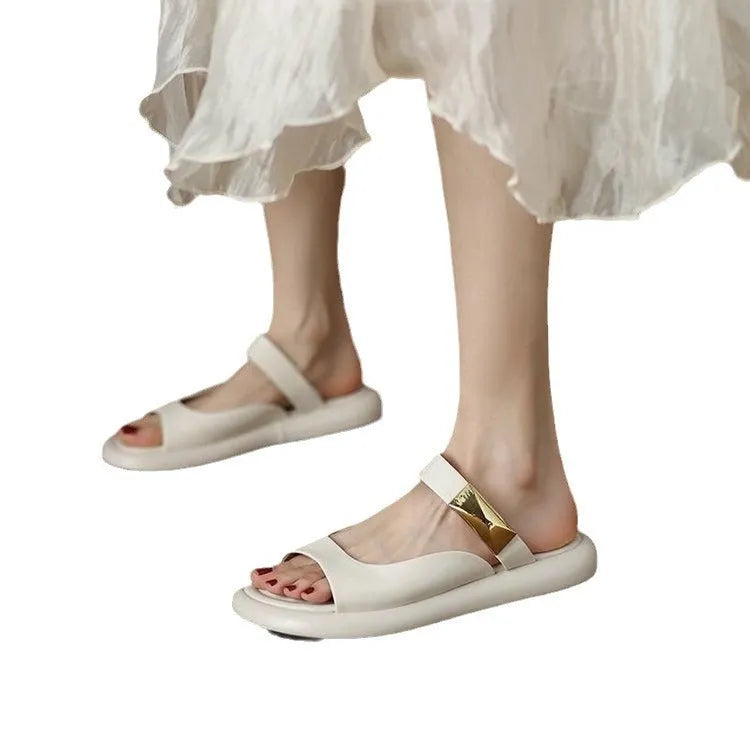 Apricot and white French style peep toe platform sandals with leather uppers and rubber soles