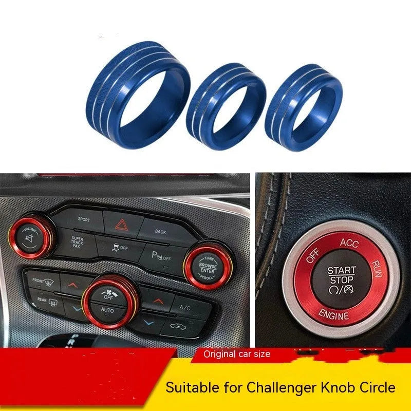 Aluminium alloy decorative ring for Dodge Challenger and Grand Cherokee air conditioning knob in blue.
