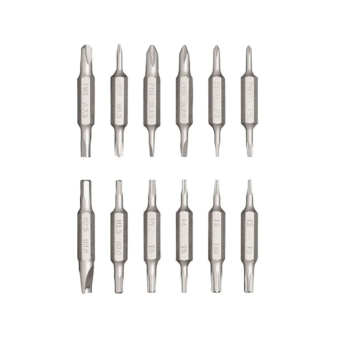 Green 24-in-1 precision screwdriver set with magnetic bit storage and multifaceted handle for electronics repair
