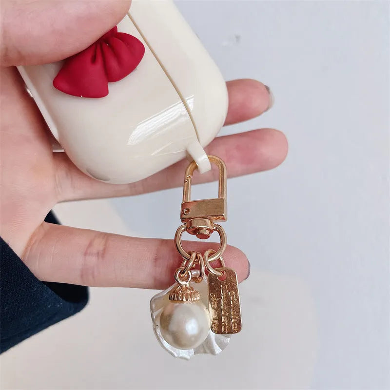 Beige red bow shell TPU protective case for AirPods Pro wireless earphones with clamshell opening