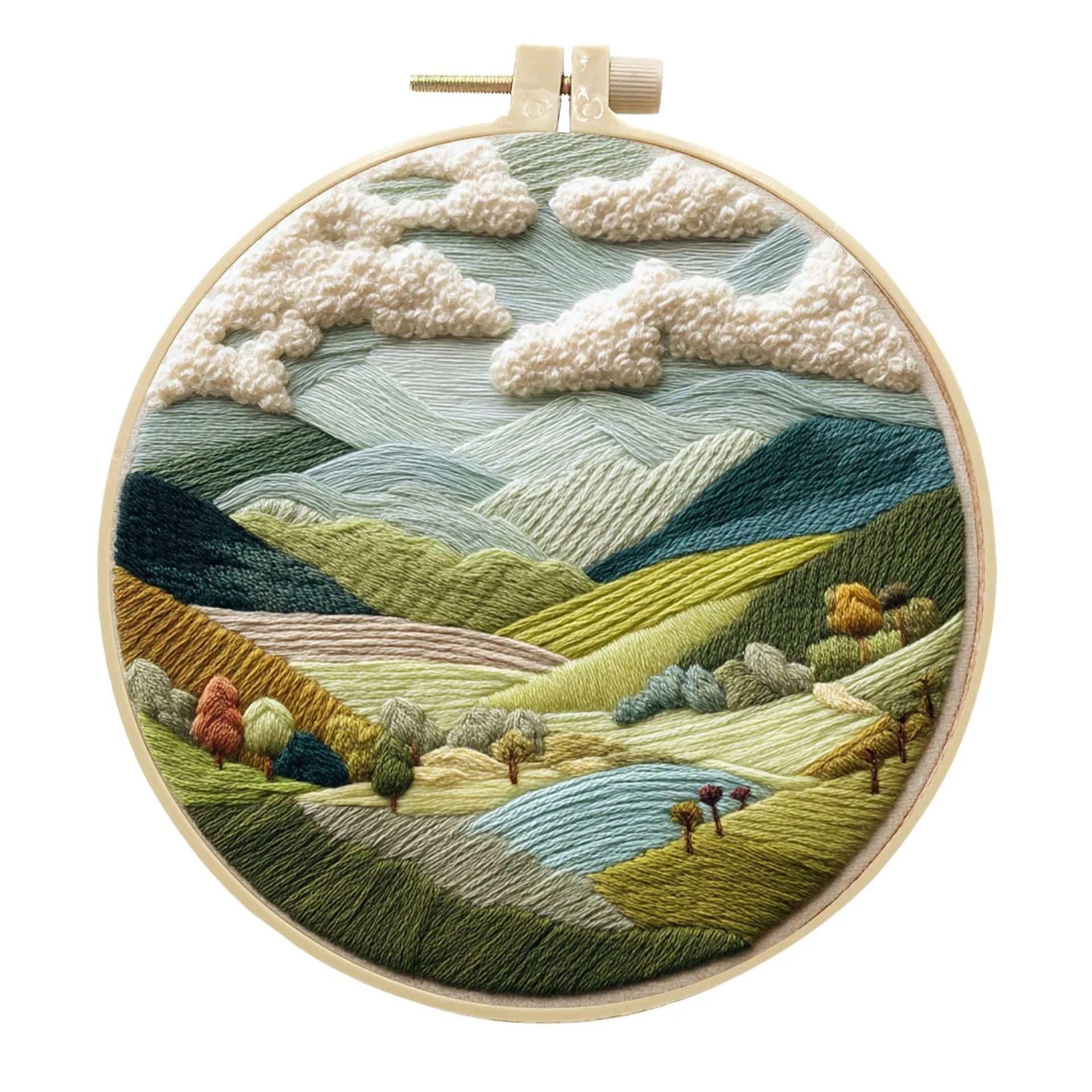 Embroidery DIY kit with landscape-printed cotton fabric, thread, needles, and a 15cm bamboo-style frame.