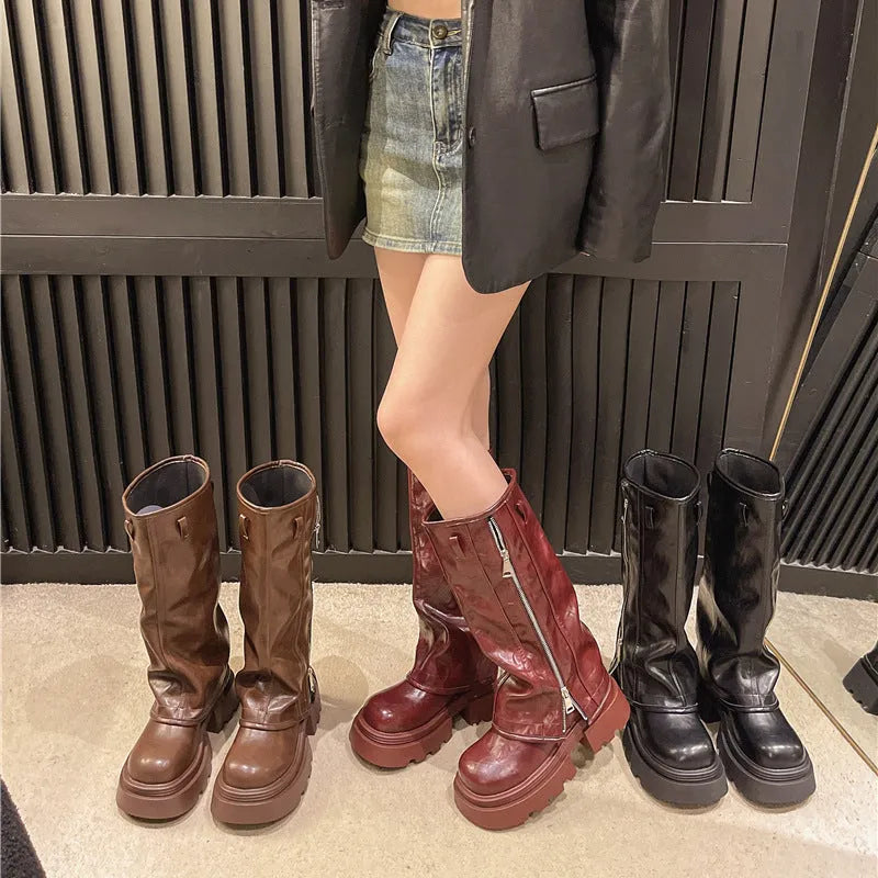 Women's platform Martin boots with a high sock, square heel, and artificial PU upper in black, brown, or wine red.