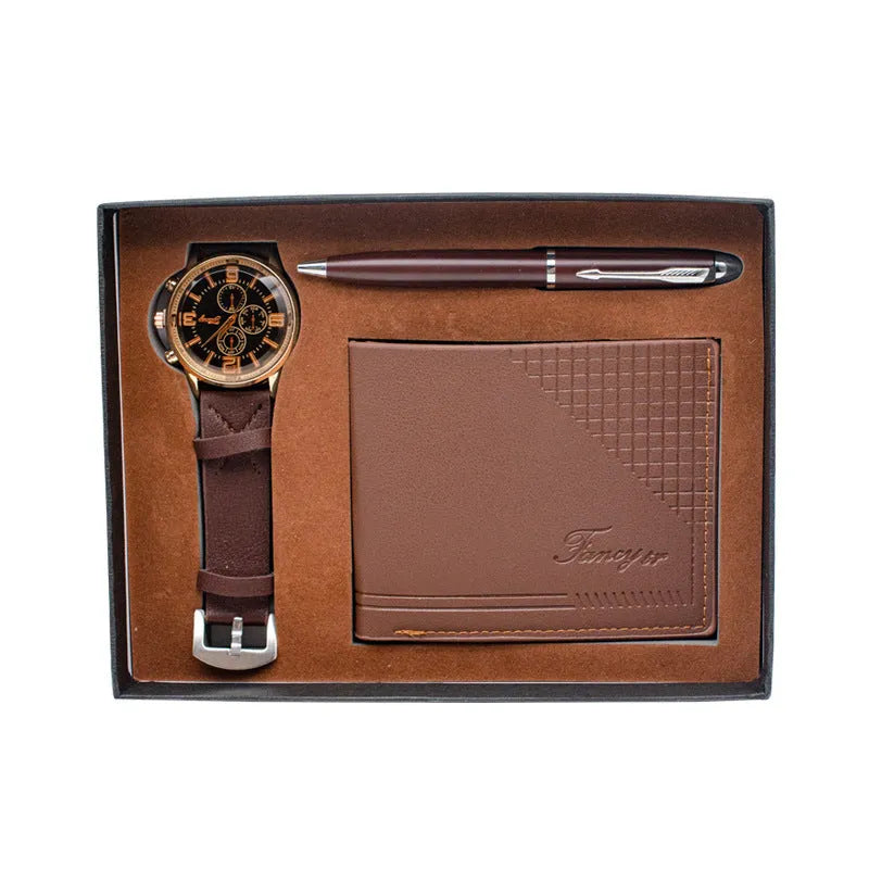 Creative holiday gift set containing wallet, pen and watch in brown or black colour options
