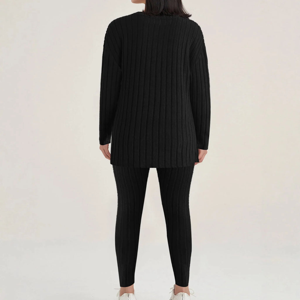 Black sunken stripe two-piece lounge set for women, showing top and pants.