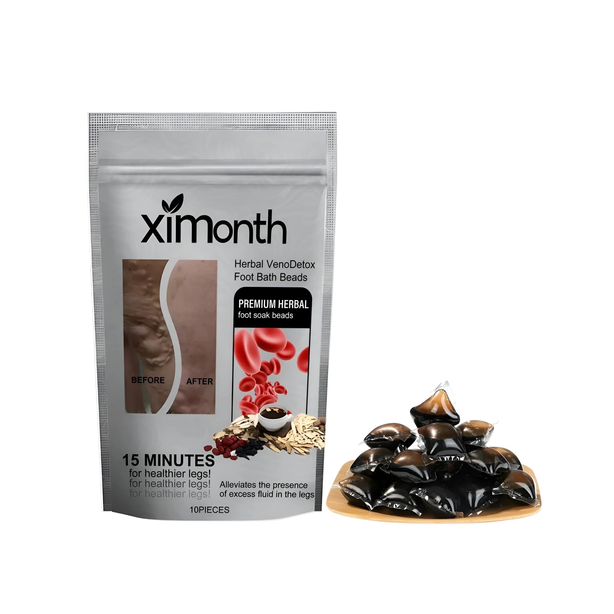 Ten condensed foot gel beads for soaking with natural ingredients including mugwort root and bee venom