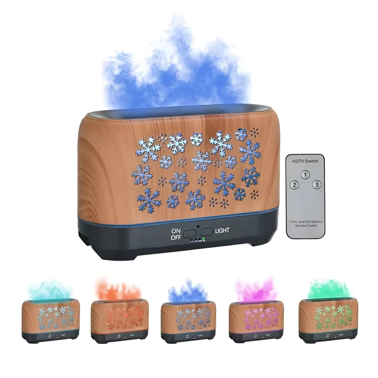 Colourful snowflake pattern wood grain aromatherapy humidifier with flame effect lighting on desktop