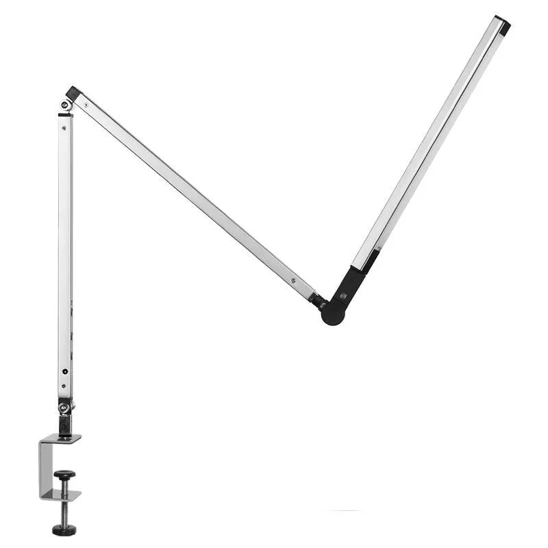 Aluminium clip-on desk lamp with remote control showing white, warm, and mixed LED light settings.