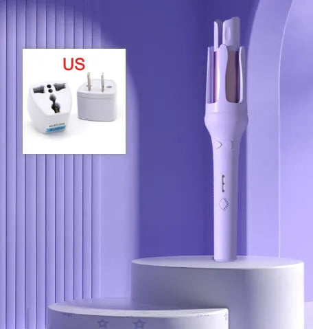 White automatic hair curler with 32mm ceramic barrel and international plug adapters