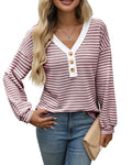 Women's loose-fitting V-neck long-sleeved top with patchwork detail in apricot colour