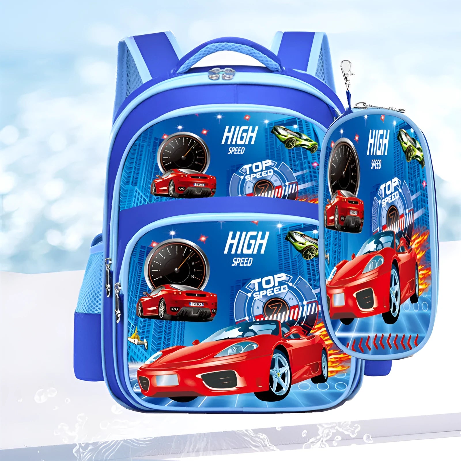 Blue children's anime cartoon backpack with double shoulder straps showing school books inside