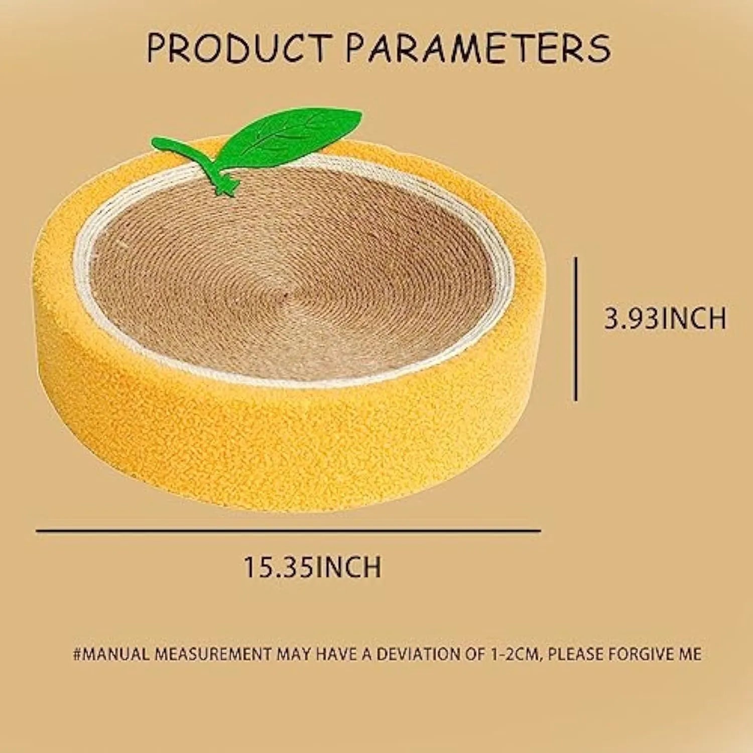 Round yellow sisal cat scratching board and bed with fruit design