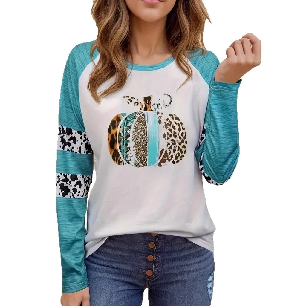 Sky blue long sleeve T-shirt with 3D digital print of a Halloween pumpkin.