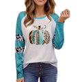Sky blue long sleeve T-shirt with 3D digital print of a Halloween pumpkin.