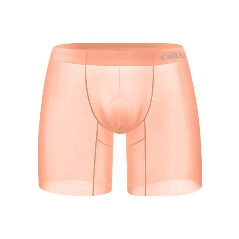 Men's low waist boxer underwear in orange, pink and red colours made from breathable ice silk nylon fabric