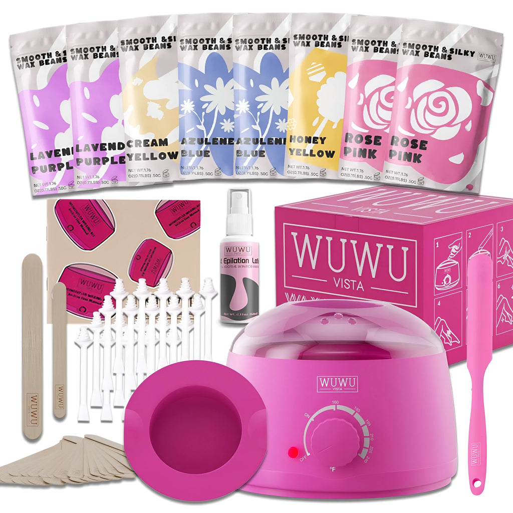 Waxing kit with warmer, wax beads, multiple applicator sticks and skincare products for hair removal