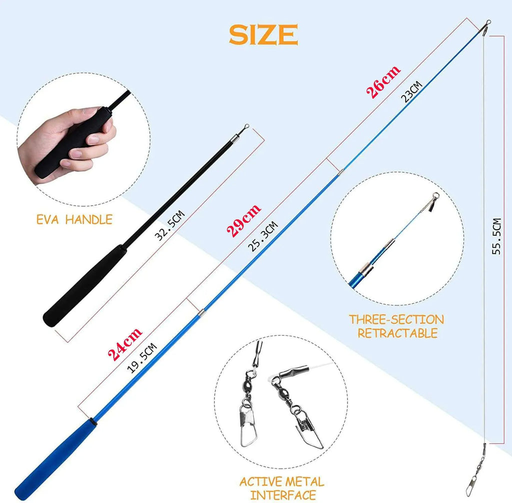 Cat teasing pole set with fishing rod design and multiple feather attachments for interactive play