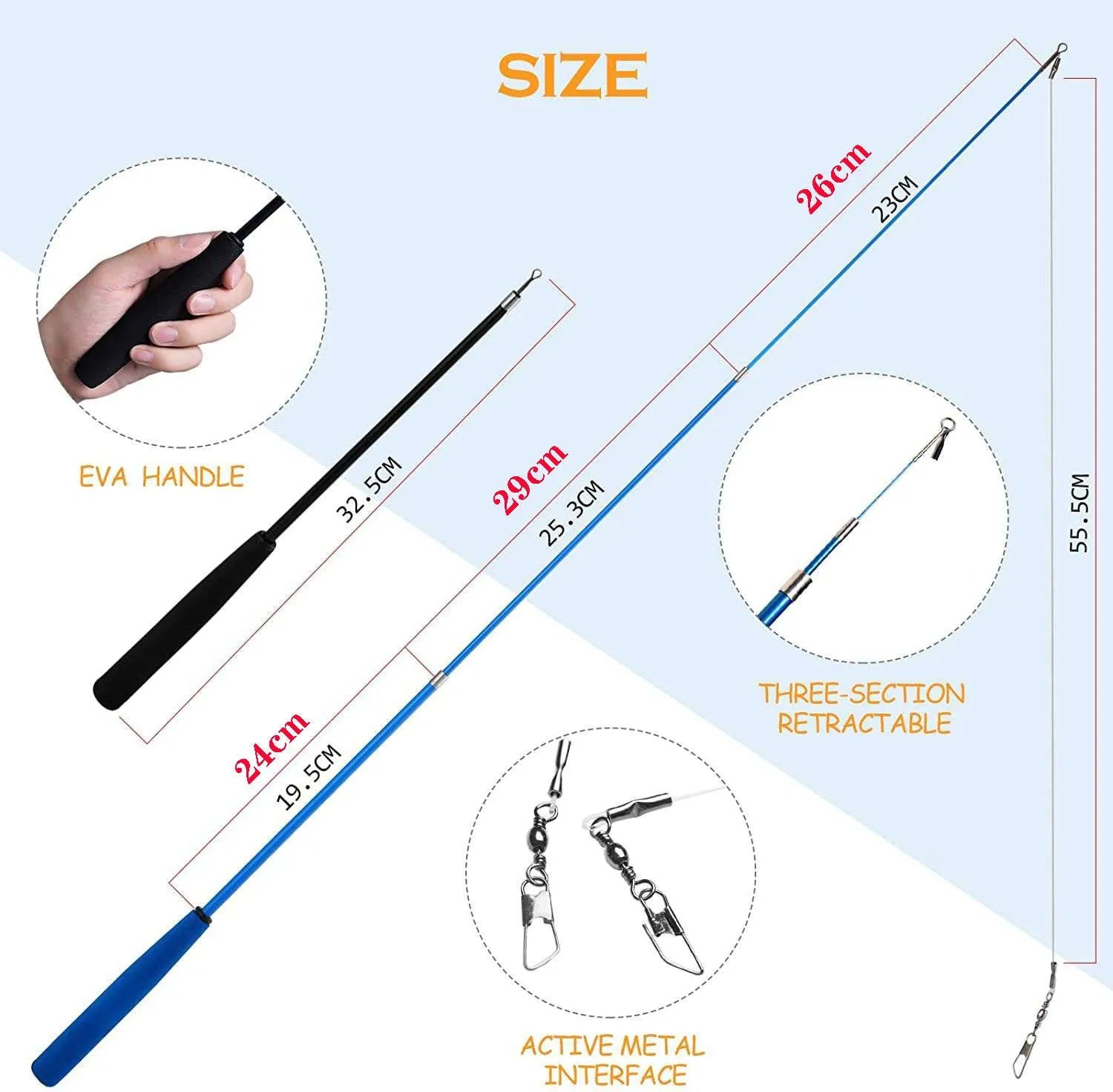 Cat teasing pole set with fishing rod design and multiple feather attachments for interactive play
