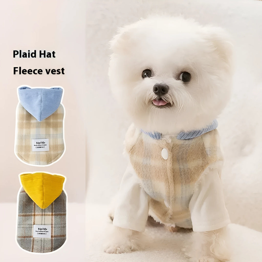 Blue corduroy chessboard grid hooded traction vest for dogs with checkered pattern and functional hood