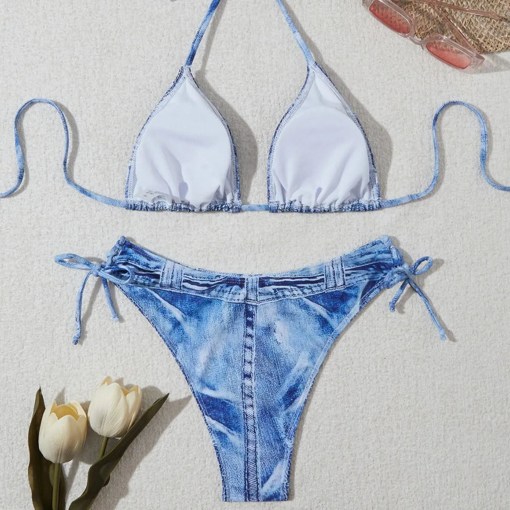 Women's denim blue printed bikini swimsuit with adjustable straps