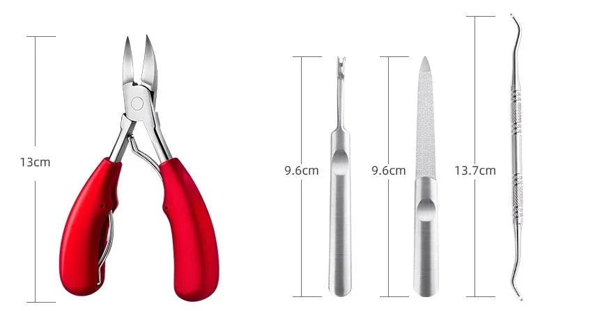 Stainless steel nail clippers and dead skin scissors with red, blue, and black ABS plastic handles