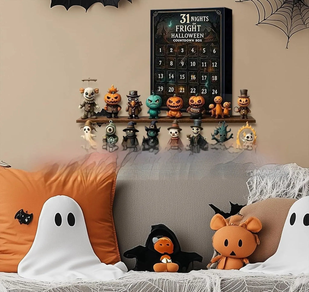 Halloween countdown advent calendar box with 31 blind box compartments containing resin horror dolls