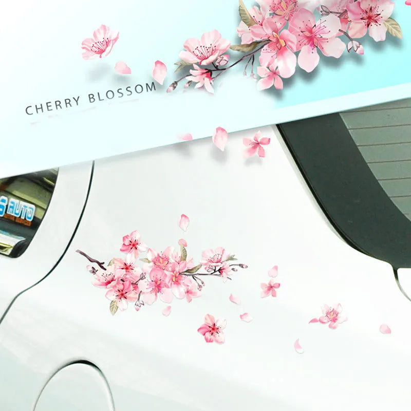 Two sizes of pink cherry blossom flower car sticker on a white background.