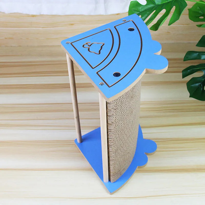Grey cat corner scratcher with hanging ball mounted in a room corner.