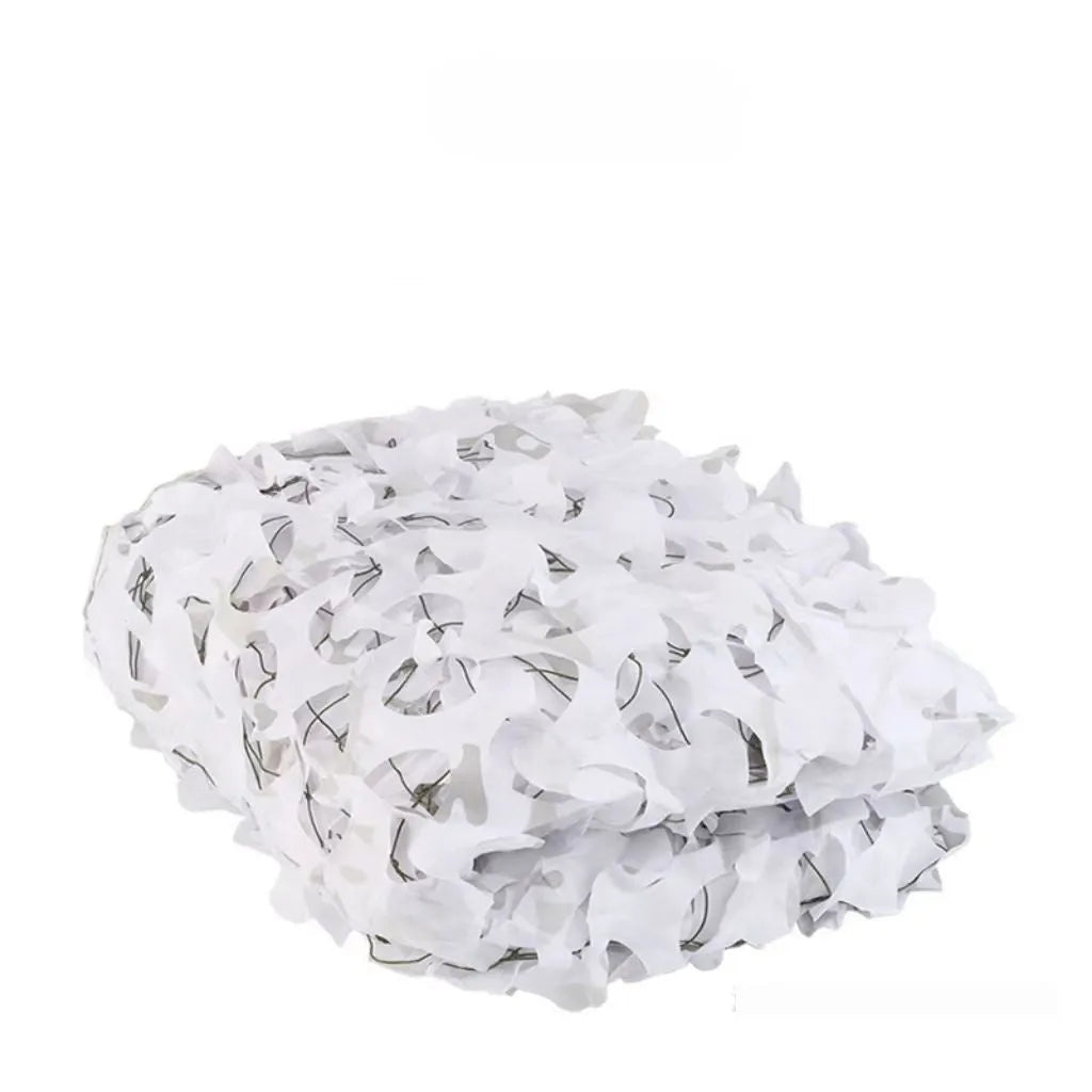 Green camouflage net cover deployed as a sunshade with desert pattern detail