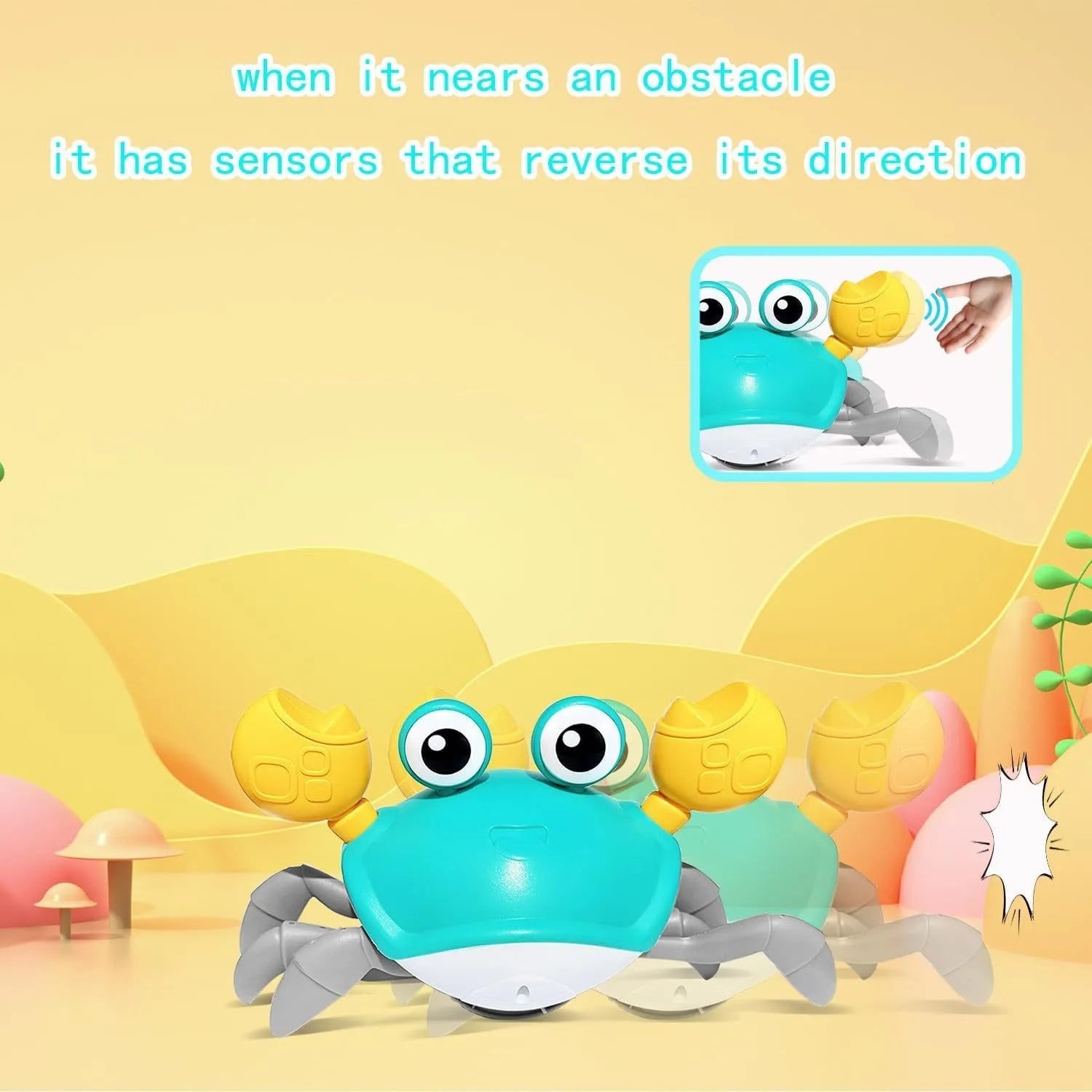 Blue electronic crab dog toy with lights on, moving sideways on a wooden floor.