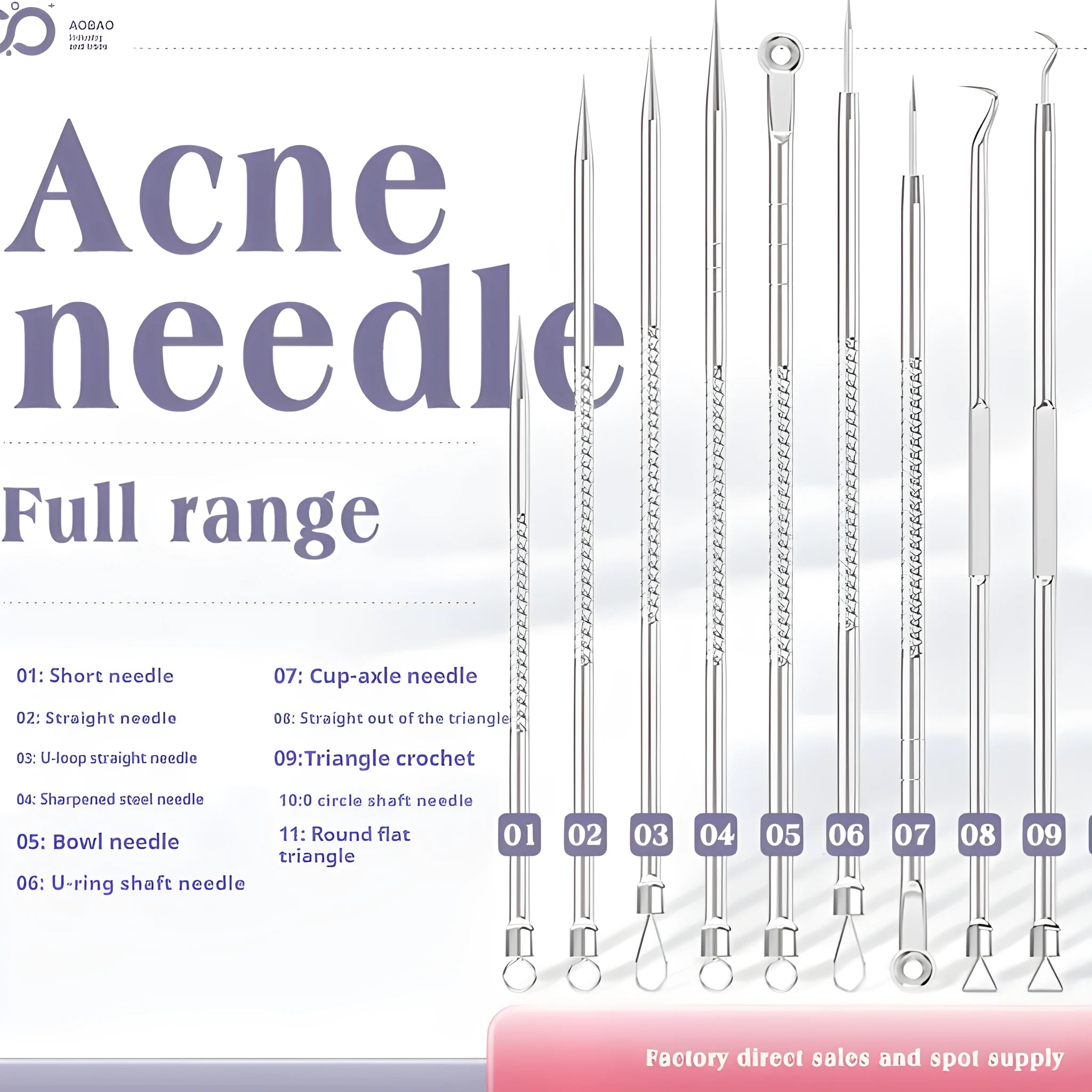 Four metal acne needles with ultra fine pointed tips for blackhead removal and skincare treatment