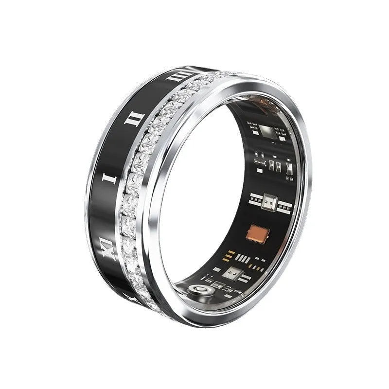 Silver and gold smart ring with diamond inlay and blood oxygen monitoring sensors.